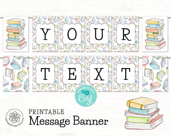 Books Banner: Teacher name banner, printable bunting edit Corjl, personalized banner, classroom, library banner, back to school ideas, 101js