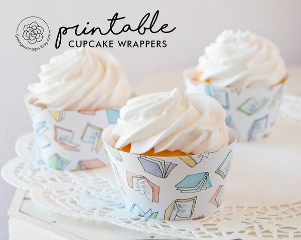 Flying Pastel Books Cupcake Wrapper - Printable Digital Download by Greengate Images