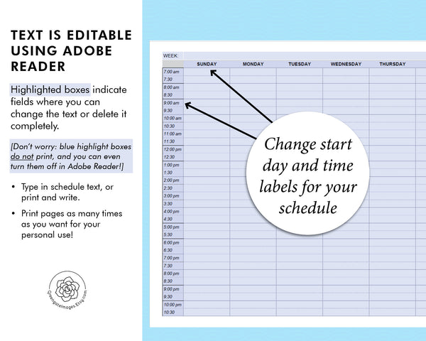 Weekly Planner w/Half-Hour Increments - Printable Digital Download by Greengate Images
