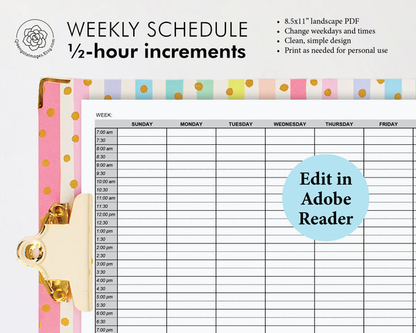 Weekly Planner w/Half-Hour Increments - Printable Digital Download by Greengate Images