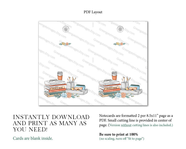 Blank Inside School/Teacher Note Cards - Printable Digital Download by Greengate Images