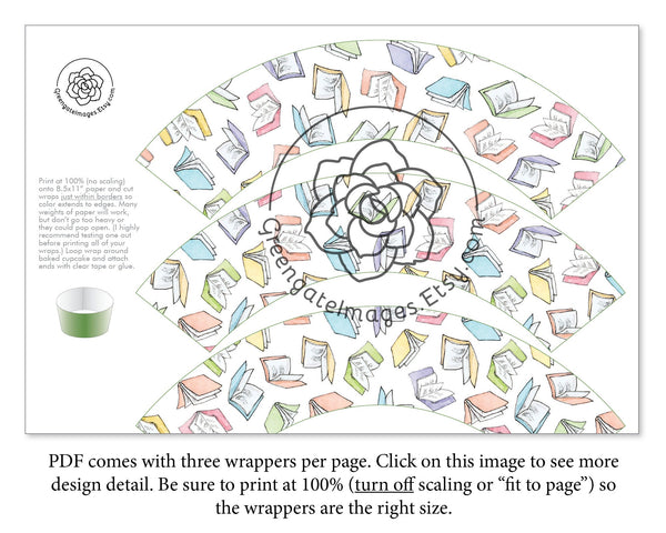 Flying Pastel Books Cupcake Wrapper - Printable Digital Download by Greengate Images