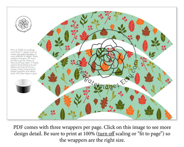 Aqua Fall Leaves Cupcake Wrappers - Printable Digital Download by Greengate Images