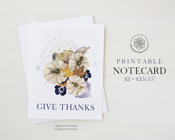 A2 Thanksgiving Note Card - Ivory Pumpkins and Purple Anemones - Printable Digital Download by Greengate Images