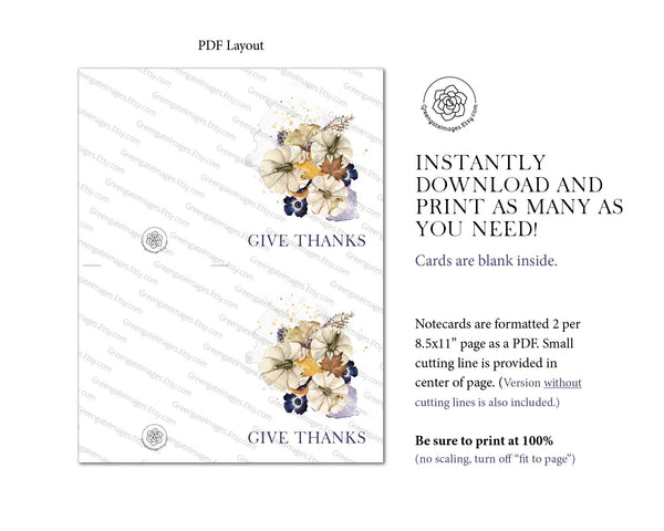 A2 Thanksgiving Note Card - Ivory Pumpkins and Purple Anemones - Printable Digital Download by Greengate Images