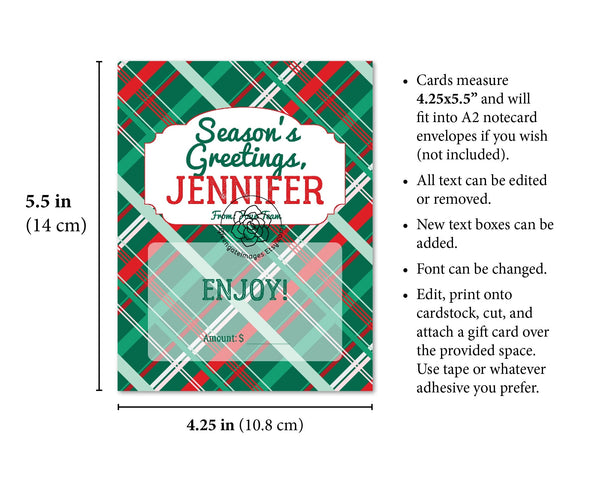 Gift Card Holder - Christmas Plaid - Printable Digital Download by Greengate Images