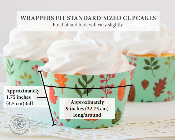 Aqua Fall Leaves Cupcake Wrappers - Printable Digital Download by Greengate Images