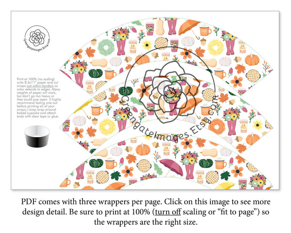 Feminine Fall Pattern Cupcake Wrappers - Printable Digital Download by Greengate Images