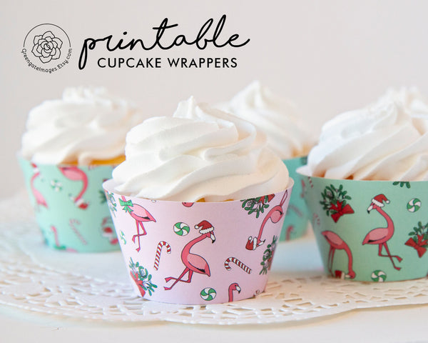 Christmas Flamingo Cupcake Wrappers - Printable Digital Download by Greengate Images