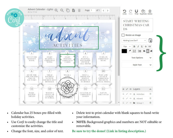 Advent Activities Calendar - Blue Winter - Printable Digital Download by Greengate Images