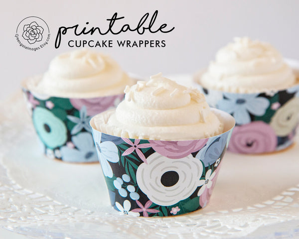 Winter Floral Cupcake Wrappers - Dark - Printable Digital Download by Greengate Images