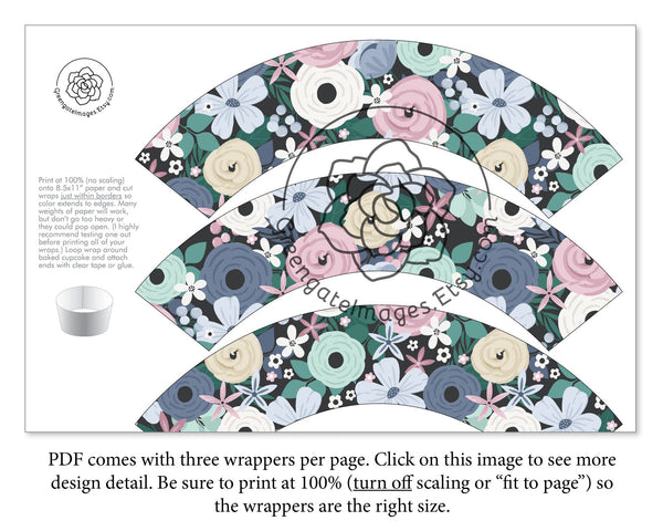 Winter Floral Cupcake Wrappers - Dark - Printable Digital Download by Greengate Images