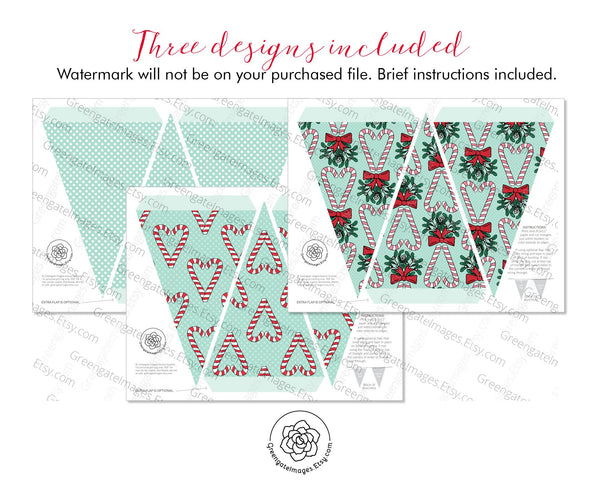 Candy Cane Heart Christmas Bunting - Printable Digital Download by Greengate Images