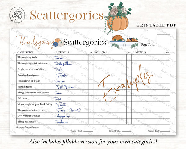 Thanksgiving Scattergories - Printable Digital Download by Greengate Images