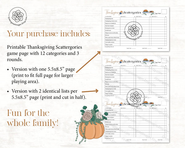 Thanksgiving Scattergories - Printable Digital Download by Greengate Images