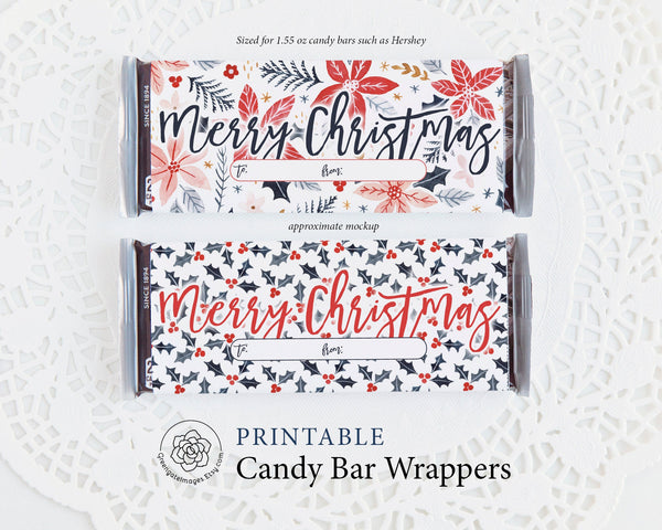 Christmas Candy Bar Wrapper Duo - Poinsettias and Holly - Printable Digital Download by Greengate Images