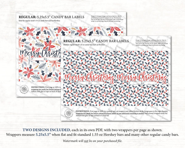 Christmas Candy Bar Wrapper Duo - Poinsettias and Holly - Printable Digital Download by Greengate Images
