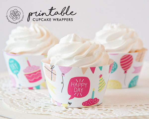 Birthday Cupcake Wrappers - Pink Happy Day Pattern - Printable Digital Download by Greengate Images