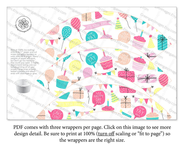 Birthday Cupcake Wrappers - Pink Happy Day Pattern - Printable Digital Download by Greengate Images