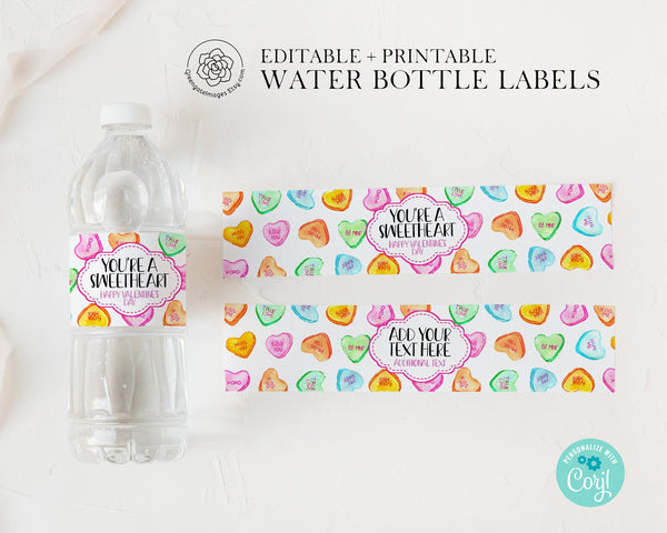 Conversation Hearts Water Bottle Label - printable, corjl editable, beverage wrap, valentine's day, galentine's day, valentine party favors