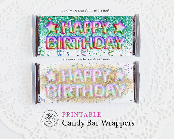 Happy Birthday Candy Bar Wrappers - Glitter and Balloons - Printable Digital Download by Greengate Images