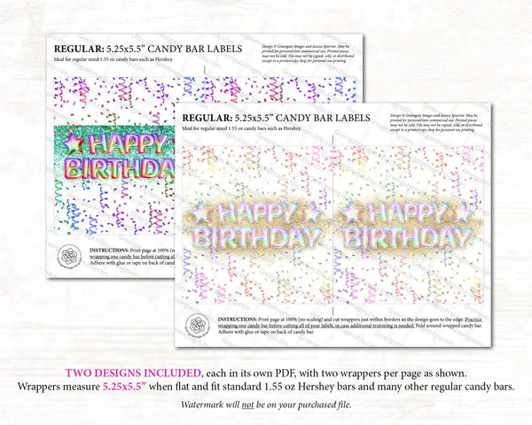 Happy Birthday Candy Bar Wrappers - Glitter and Balloons - Printable Digital Download by Greengate Images