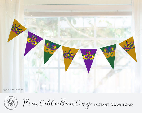 Mardi Gras Bunting - Multicolored Masks - Printable Digital Download by Greengate Images