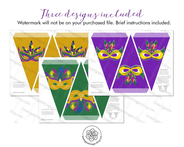 Mardi Gras Bunting - Multicolored Masks - Printable Digital Download by Greengate Images