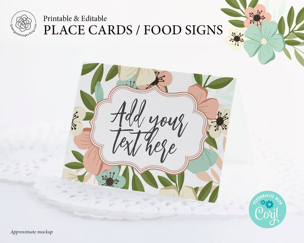 Spring Flowers Place Card - Peach and Mint - Printable Digital Download by Greengate Images