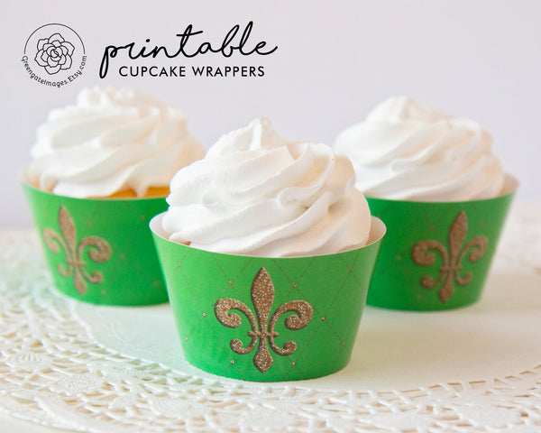 Fleur-de-lis Cupcake Wrapper - Green - Printable Digital Download by Greengate Images