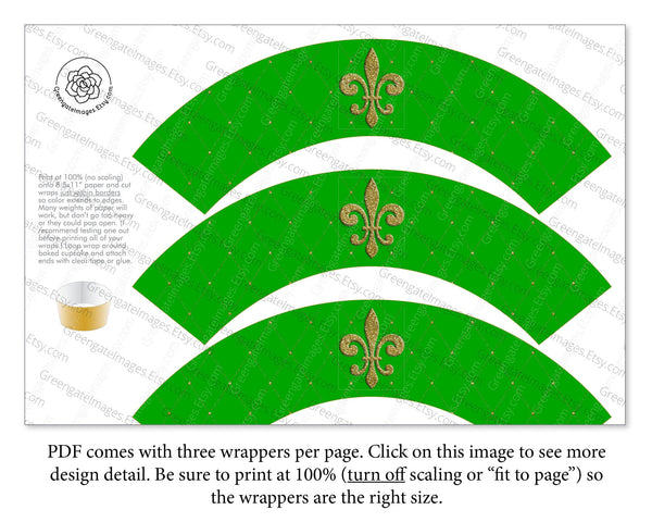 Fleur-de-lis Cupcake Wrapper - Green - Printable Digital Download by Greengate Images