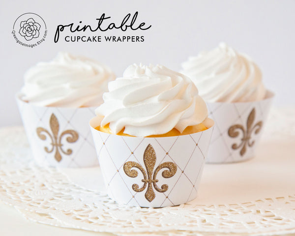 Fleur-de-lis Cupcake Wrapper - White - Printable Digital Download by Greengate Images