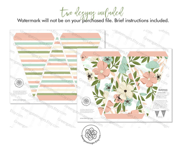 Spring Bunting - Flowers and Stripes - Printable Digital Download by Greengate Images