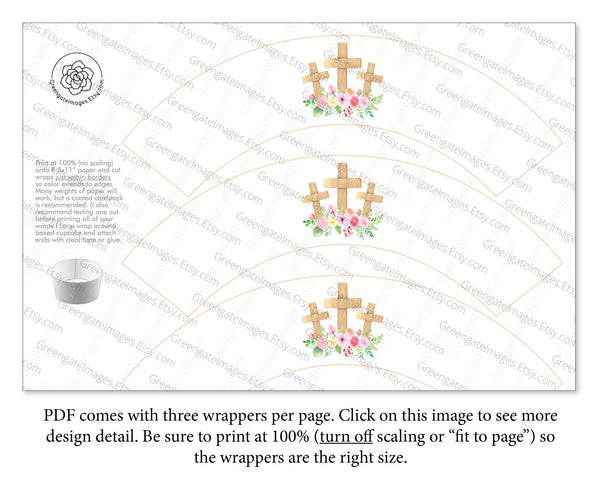 Floral Cross Cupcake Wrapper - Printable Digital Download by Greengate Images