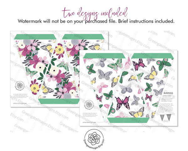 Spring Butterfly Bunting - Violet and Green - Printable Digital Download by Greengate Images