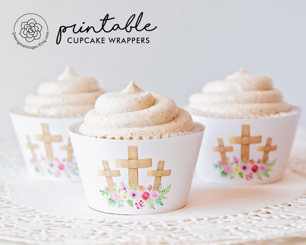 Floral Cross Cupcake Wrapper - Printable Digital Download by Greengate Images