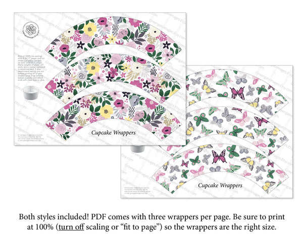Butterfly Floral Cupcake Wrappers - Magenta and Green - Greengate Images