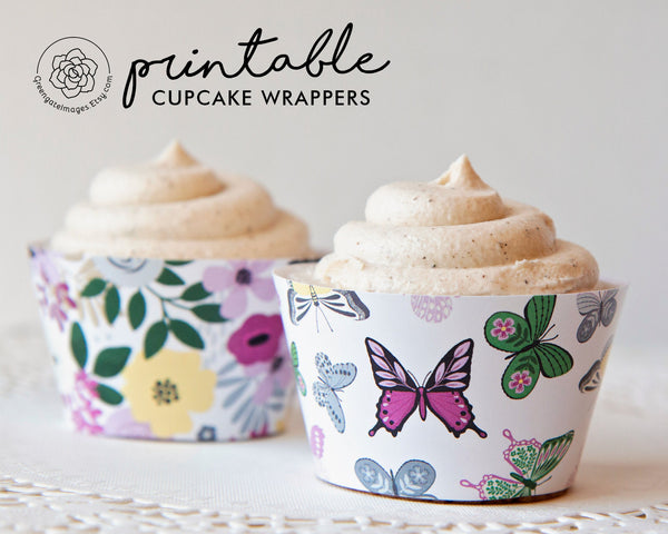 Butterfly Floral Cupcake Wrappers - Magenta and Green - Greengate Images