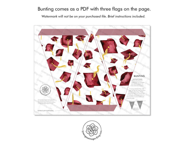 Burgundy Graduation Bunting - Flying Caps - Printable Digital Download by Greengate Images