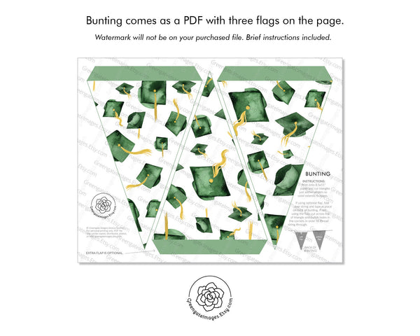 Green Graduation Bunting - Flying Caps - Printable Digital Download by Greengate Images