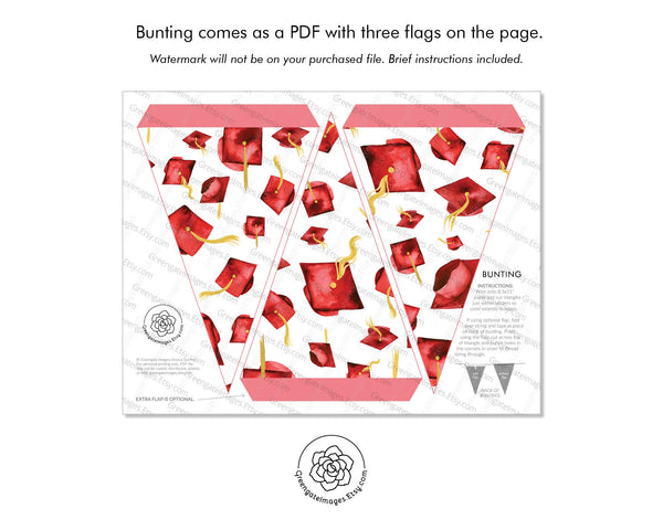Red Graduation Bunting - Flying Caps - Printable Digital Download by Greengate Images