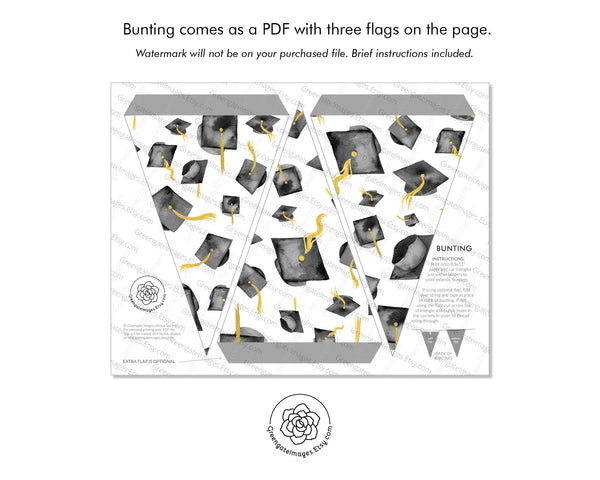 Black Graduation Bunting - Flying Caps - Printable Digital Download by Greengate Images