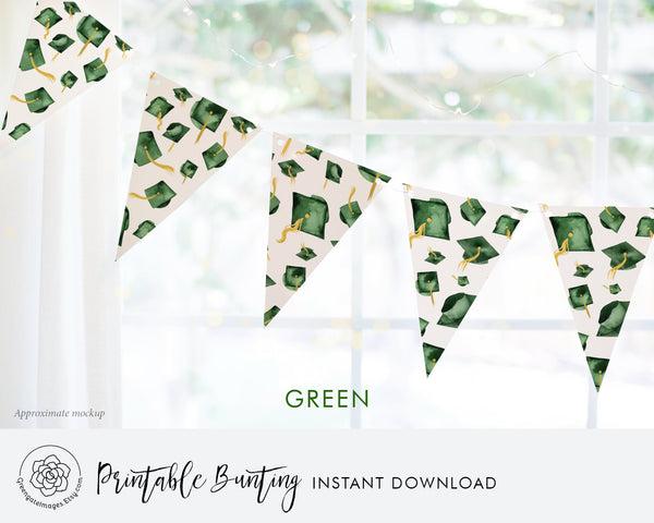 Green Graduation Bunting - Flying Caps - Printable Digital Download by Greengate Images