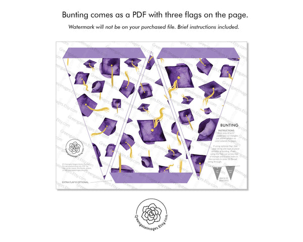 Purple Graduation Bunting - Flying Caps - Printable Digital Download by Greengate Images