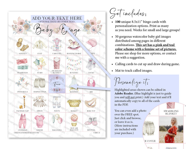 Baby Shower Bingo - Personalization, Pink/Girl - Greengate Images