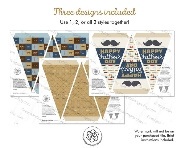 Father's Day Bunting - Mustache and Glasses - Printable Digital Download by Greengate Images