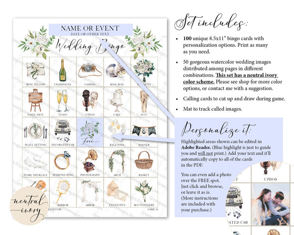 Wedding Bingo Cards - 100 card, Personalization, Neutral Ivory - Greengate Images