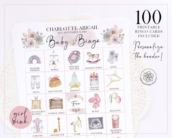Baby Shower Bingo - Personalization, Pink/Girl - Greengate Images