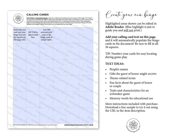 Bridal Bingo Template - Greengate Images