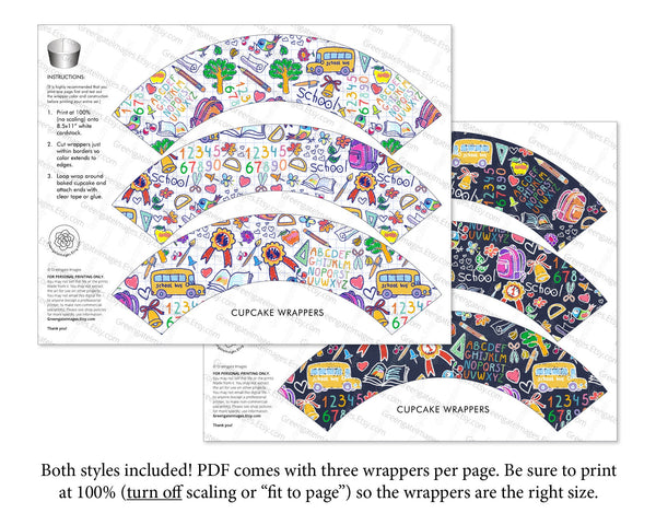 School Doodles Cupcake Wrappers - Printable Digital Download by Greengate Images